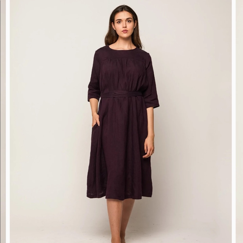 Pyne & Smith XS Purple Linen Midi Dress with pockets